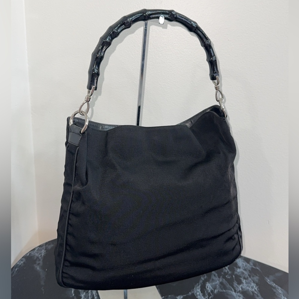 Gucci Bamboo Shoulder Bag Nylon Black Silver Handbag AUTHENTIC